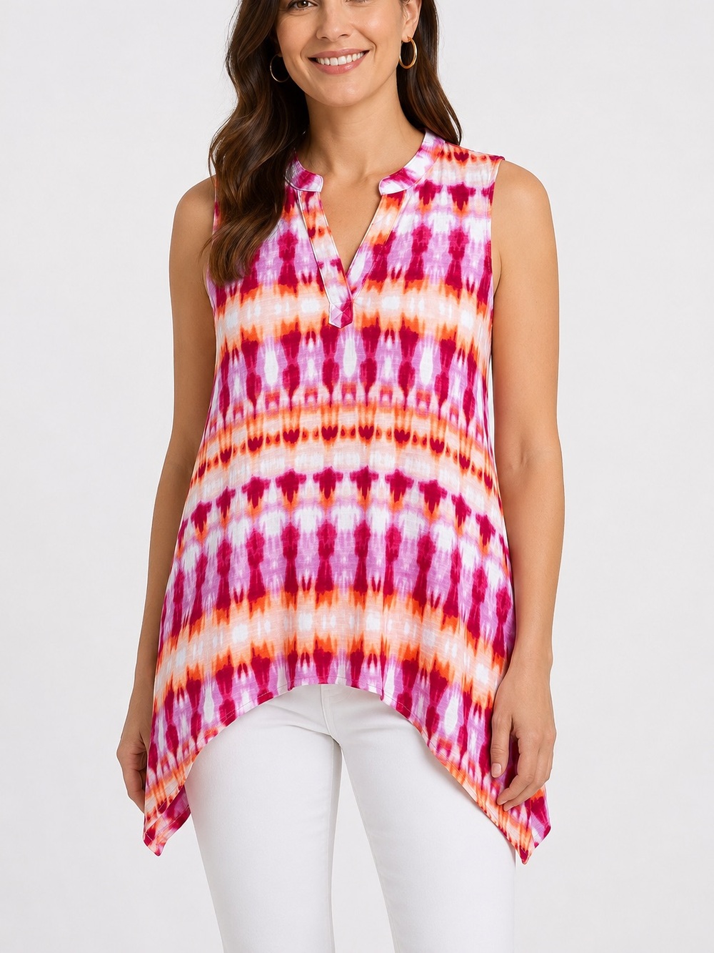 Chico’s Size 0 Small‎ Tie Dye Sharkbite Tunic Top Pink Orange Sleeveless Boho